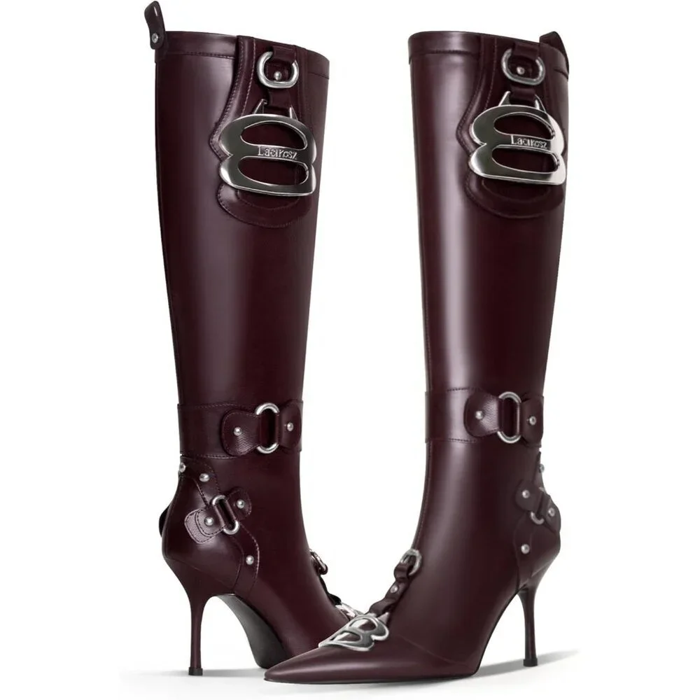 Women's Burgundy Pointed Toe Slim Calf Sexy Stiletto High Heel Long Tall Boots